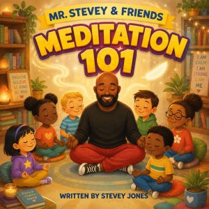 Illustrated square book cover titled “Meditation 101,” designed in the warm, textured style of Mr. Stevey & Friends: The Book. Mr. Stevey sits cross-legged in the center of a cozy reading room while diverse children meditate peacefully around him. A glowing feather and soft light accents float through the scene, with bookshelves, plants, warm lighting, and mindfulness posters in the background. The cover uses bold yellow and red title lettering similar to the original book cover.