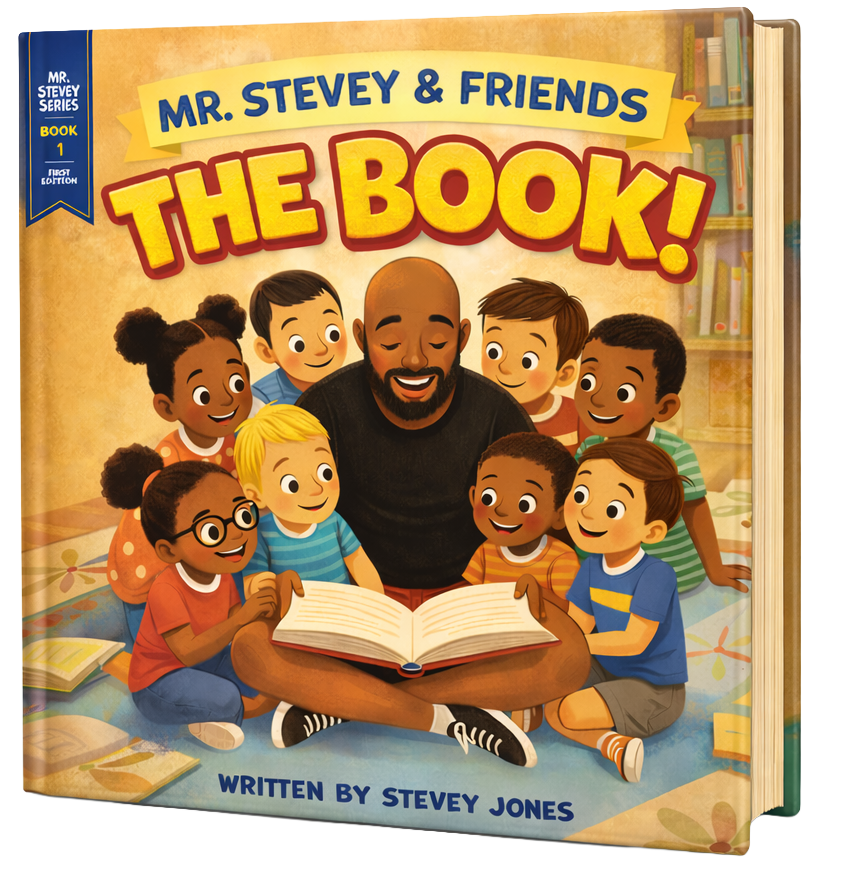 Illustrated cover of “Mr. Stevey & Friends: The Book!” by Stevey Jones showing Mr. Stevey reading to a diverse group of children gathered around him in a cozy library.