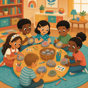 A warm, colorful children’s book-style illustration of six diverse children sitting around a round table in a classroom, painting smooth rocks with cheerful designs including a rainbow, heart, star, flower, sun, dots, waves, and leaves. Art supplies, paint palettes, markers, bookshelves, plants, and colorful classroom decor create a joyful creative setting.