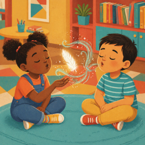 A warm, colorful children’s book-style illustration of two children sitting cross-legged on a classroom rug, practicing a feather breathing exercise. A glowing feather floats between them with soft swirling breath lines and sparkles, creating a calm, mindful moment in a cozy classroom with bookshelves, plants, and art supplies.