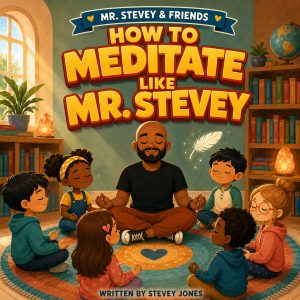 Illustrated children’s book cover for “How to Meditate Like Mr. Stevey,” showing Mr. Stevey seated cross-legged in a cozy library while a diverse group of children meditate around him on a colorful rug. A glowing feather floats above them, with bookshelves, plants, warm lighting, and bold playful title lettering in the background.