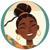 Illustrated portrait of Nessa smiling with her eyes closed, wearing her hair in a high bun with gold jewelry.