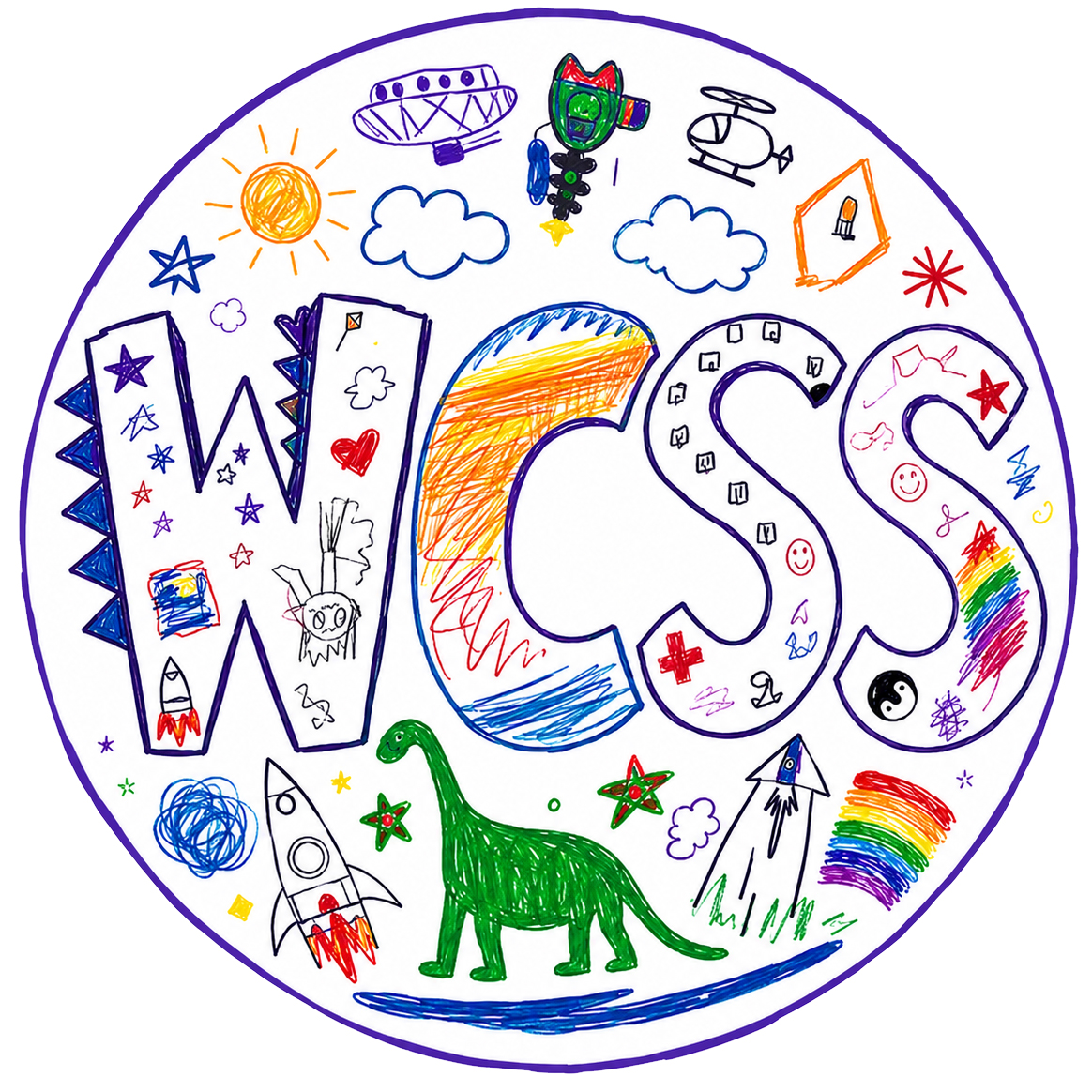 Circular WCSS artwork featuring children’s colorful drawings of dinosaurs, rockets, rainbows, clouds and other imaginative designs.