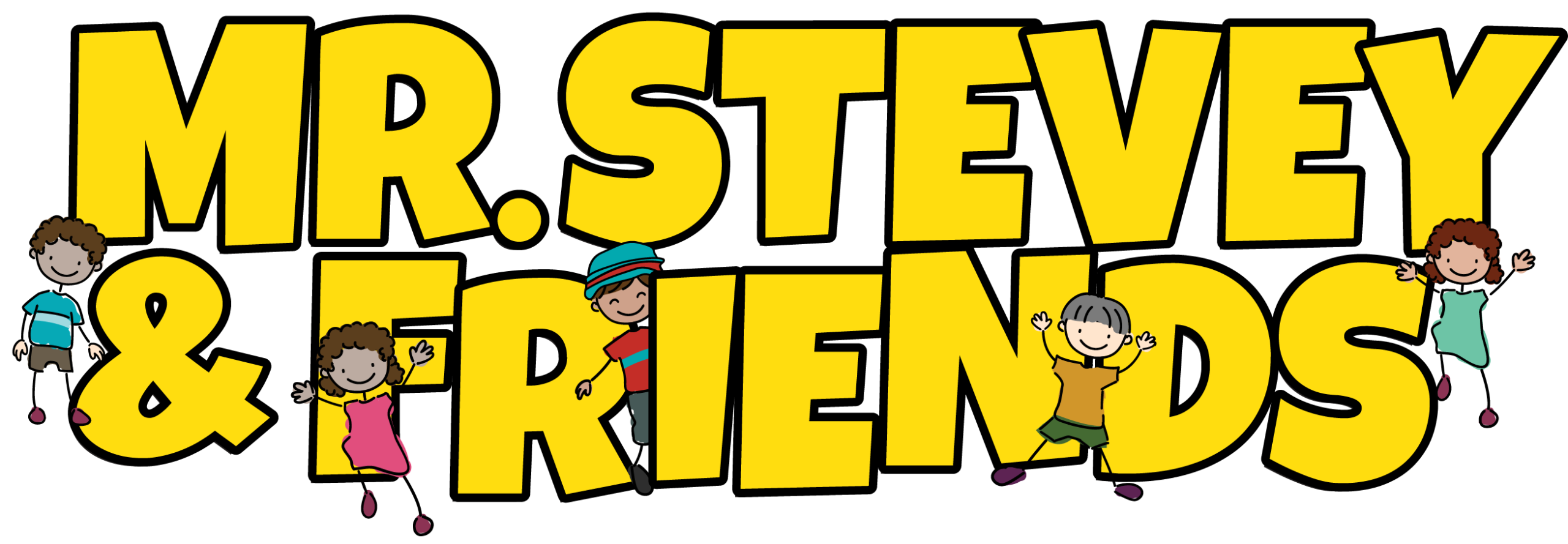 Mr. Stevey & Friends logo with illustrated children and the tagline “Breathe. Create. Play.” in blue, green, and orange.